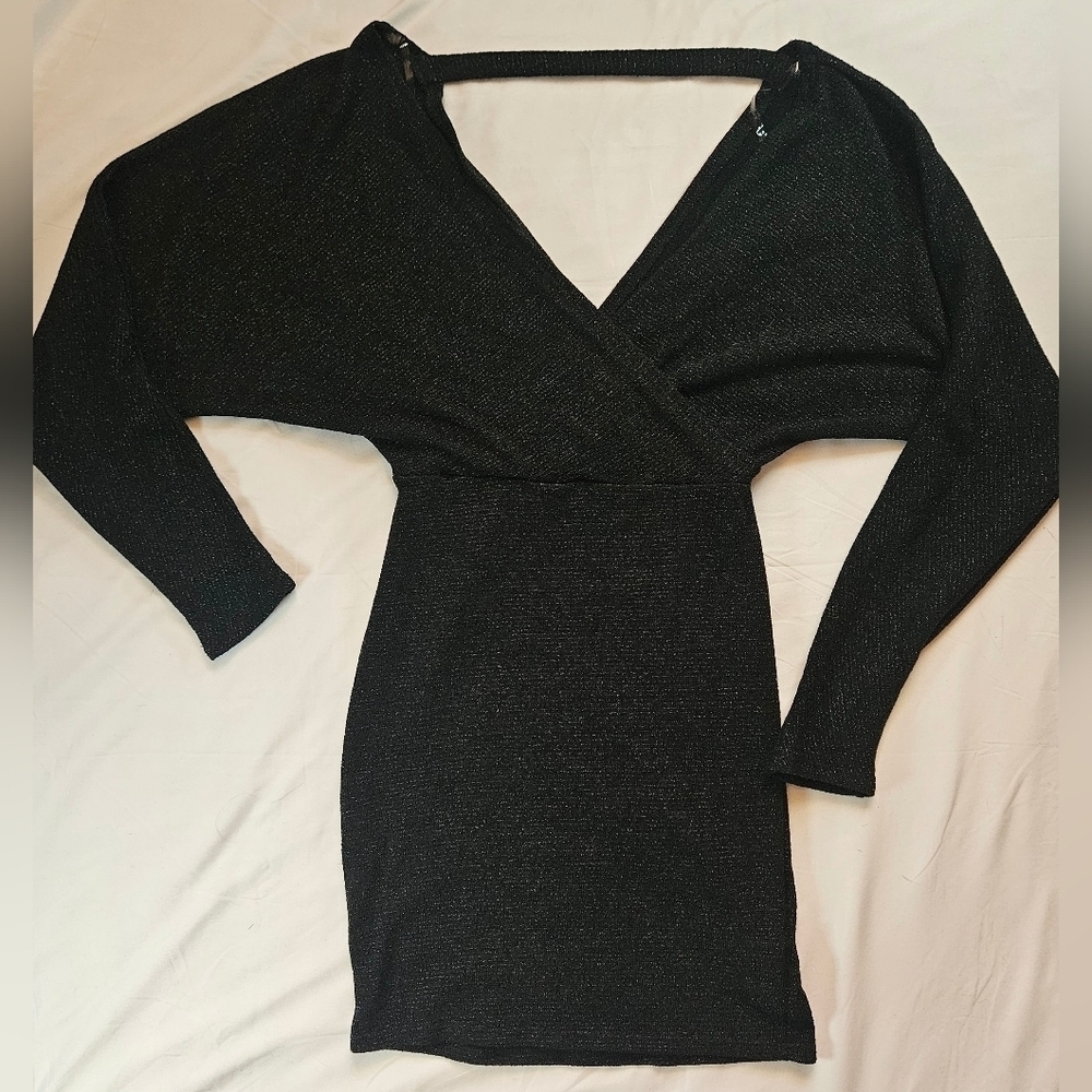 The Vintage Shop Juniors Black Long Sleeve Deep V-neck Mini Dress Size Medium
